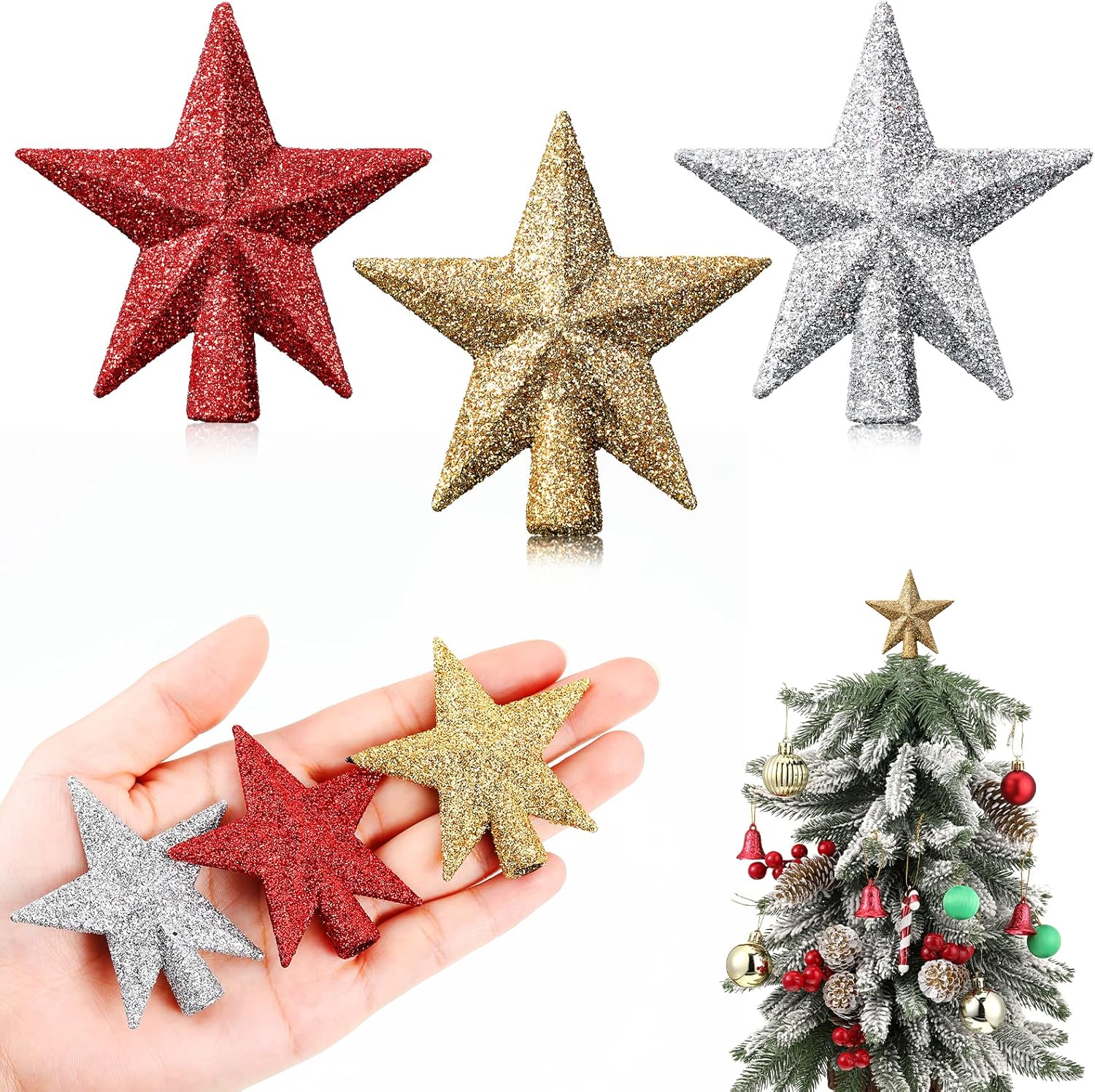 Tree Toppers - 3 Pcs Small Christmas Tree Topper Mini Star Tree Topper Christmas Star Treetop Red Gold Silver for Small Christmas Ornaments Decorative Tree Star for Holiday Xmas Home Decor (Glitter,2.36 Inch)