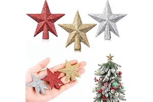 Hanaive 3 Pcs Mini Christmas Tree Topper Small Star Christmas Treetop Ornaments for Mini Tree Holiday Decorative Star for Xmas Home Decor(2.36 Inch,Glitter Gold, Silver, Red)