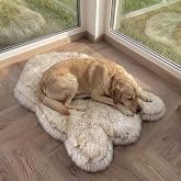 Faux Fur Orthopedic Dog Bed, Memory Foam, White w/Brown Tips 50"x30" | Plush Washable Dog Rug with Waterproof Machine Washable Cover, Calming for Anxious Senior Dogs, Relieves Joints