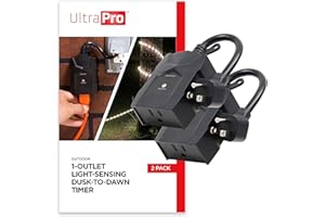 UltraPro Outdoor Outlet Timer - Dusk-to-Dawn Sensor, Single Outlet Light Automation, Weather-Resistant, Seasonal Lights Timer, 2 Pack, Black