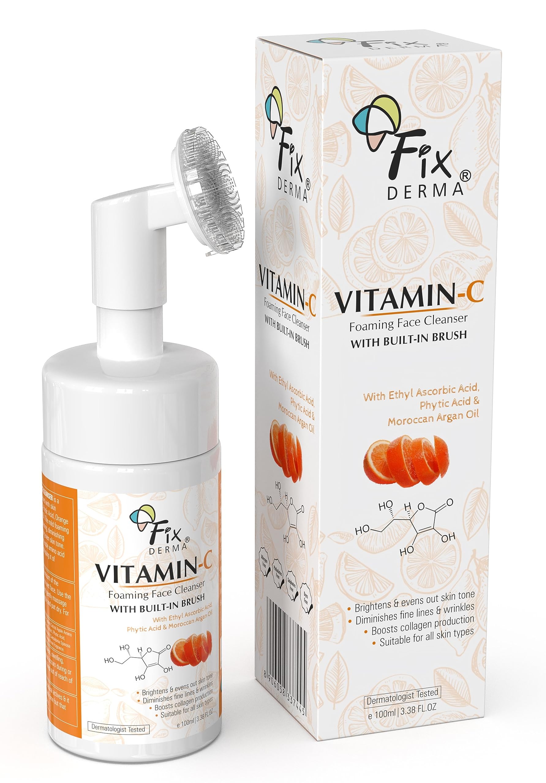 Fixderma 2% Vitamin C Foaming Face Cleanser with Brush, Face wash for Women & Men, Foaming Cleanser for skin tone, Reduces fine lines & wrinkles, Exfoliates the skin - 3.38 FL. OZ