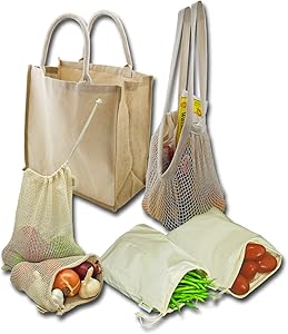 Simple Ecology Reusable Farmers Market Shopping 6 Bag Gift or Starter Set, Durable, Organic Cotton and Jute, Natural with Brown