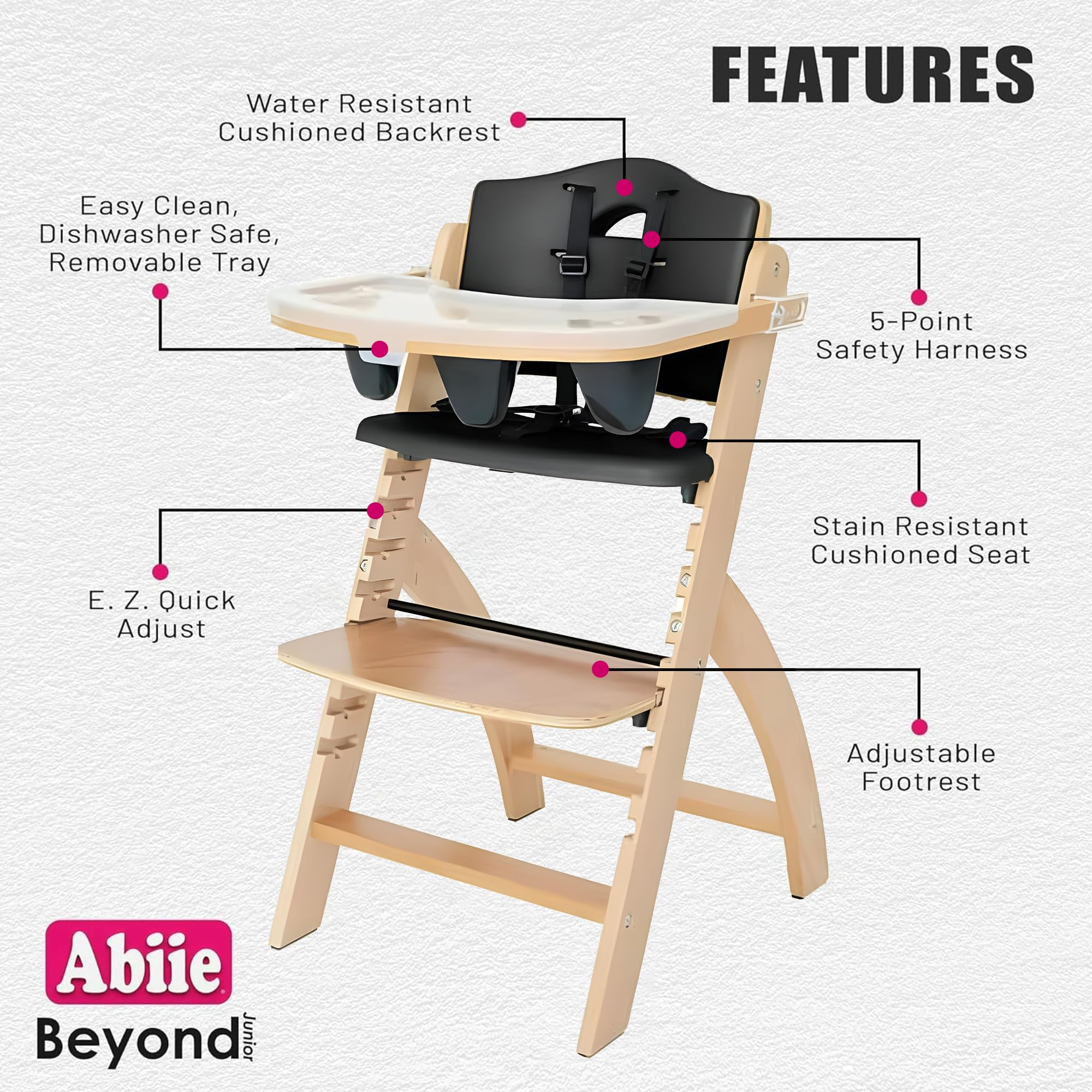 Abiie Beyond Junior Wooden High Chair with Tray - Adjustable and Convertible High Chair for Babies and Toddlers - 6 Months to 250 Lb - Water Resistant - Natural Wood/Black Pearl Cushion