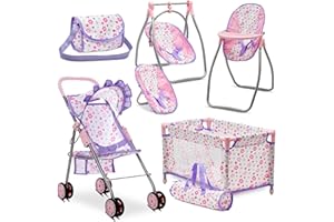 DOLLS TO PLAY Baby Doll Stroller Bed and Swing Nursery Playset, Baby Doll Accessories Furniture Set Convertible High Chair Diaper Bag Role Play Deluxe Purple Doll Set