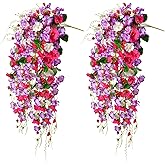 Artificial Flowers for Outdoors Faux Hibiscus Flowers 2 Pack UV Resistant Fake Hanging Plants with Silk Leaves Flexible Vines for Patio Front Door Porch Planter Home Indoor Summer Fall Decor