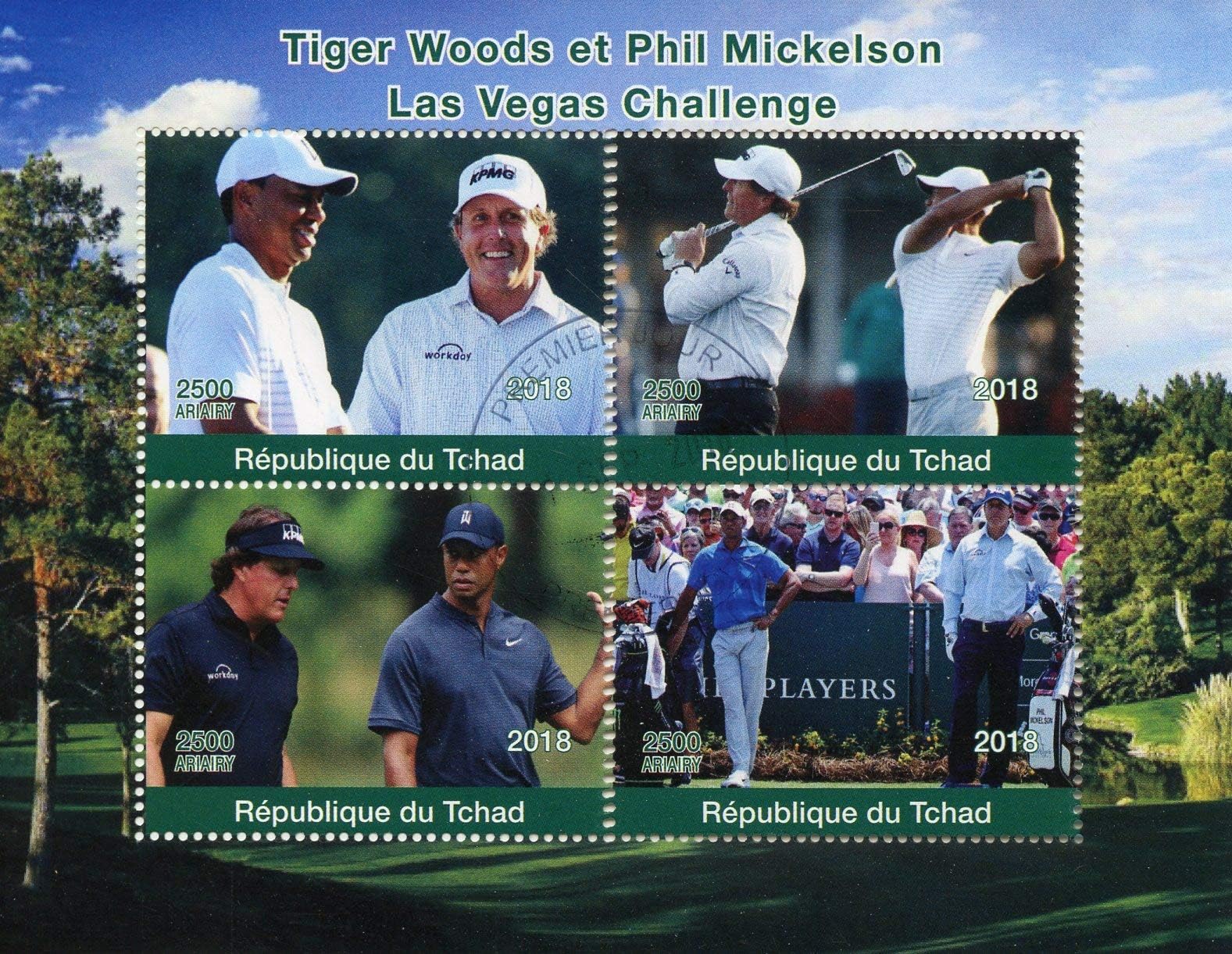 Tiger Woods Phil Mickelson Golf Stamps for Collectors - Sheet of 4 CTO Stamps with Postmark - Issued by Chad in 2018 - Golf Sports Topical Thematic Stamps by W4Stamps