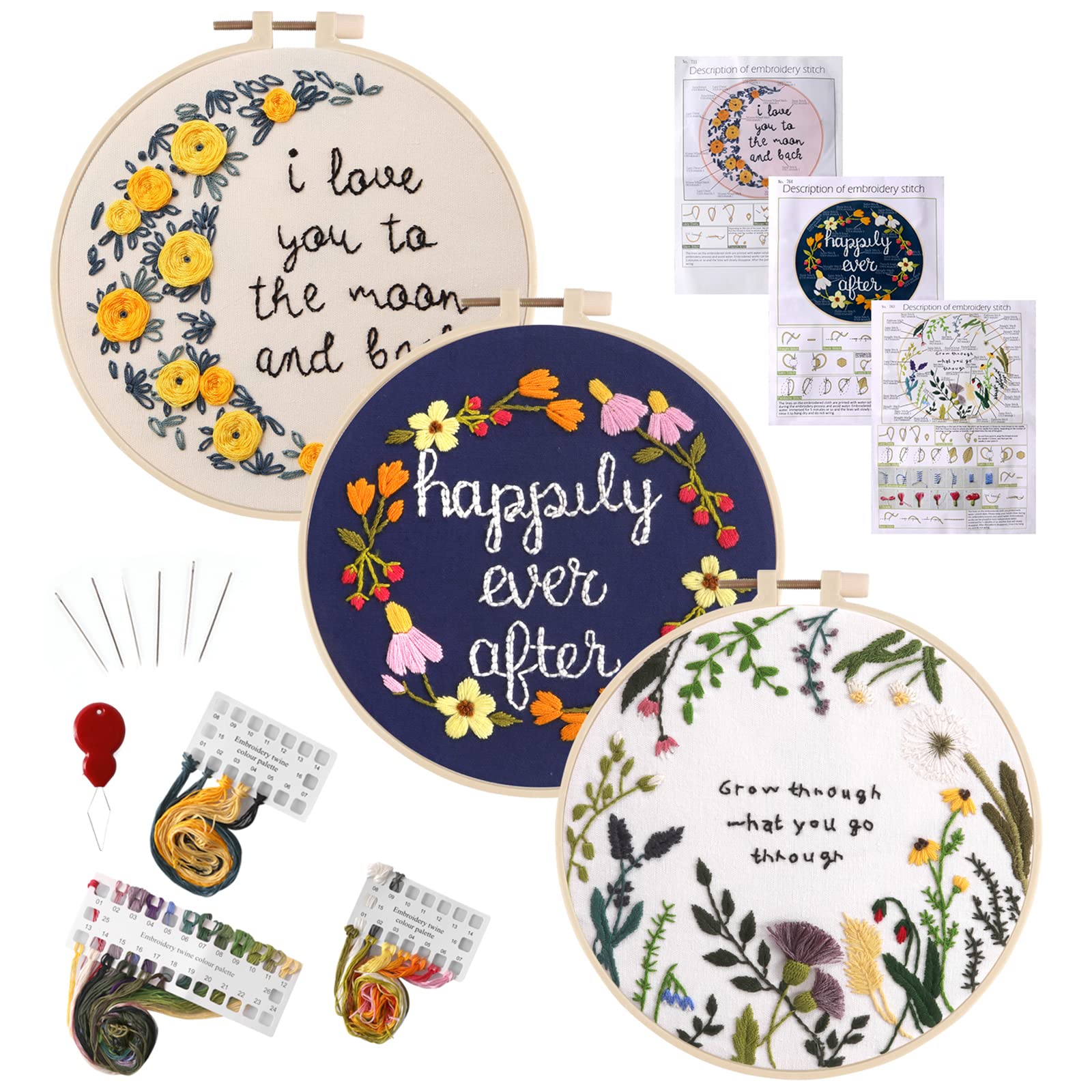 HAOCOO Embroidery Starters Kit for Beginners with 3 Embroidery Cloth, 3 Embroidery Hoops, Threads and Needles (Letter Flower) โ image 1