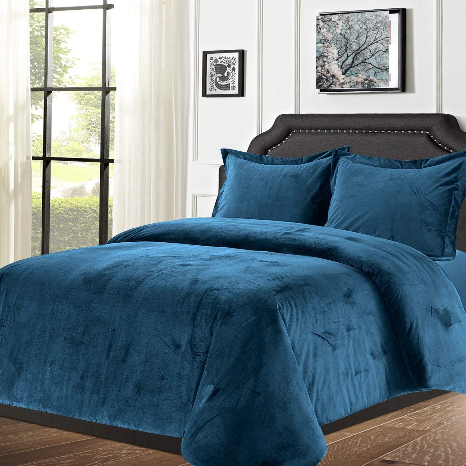 Oxford Homeware Velvet Blue Superking Duvet Cover Sets Thick Hypoallergenic 3 Piece Crushed Velvet Bedding Ultra Soft Quilt + 2 Pillow Cases (260x220 cm)