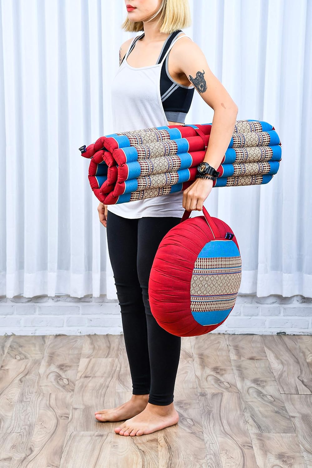 Leewadee Meditation Cushion Set, 1 Round Zafu Meditation Pillow and 1 Square Roll-Up Zabuton Meditation Mat - Image 4