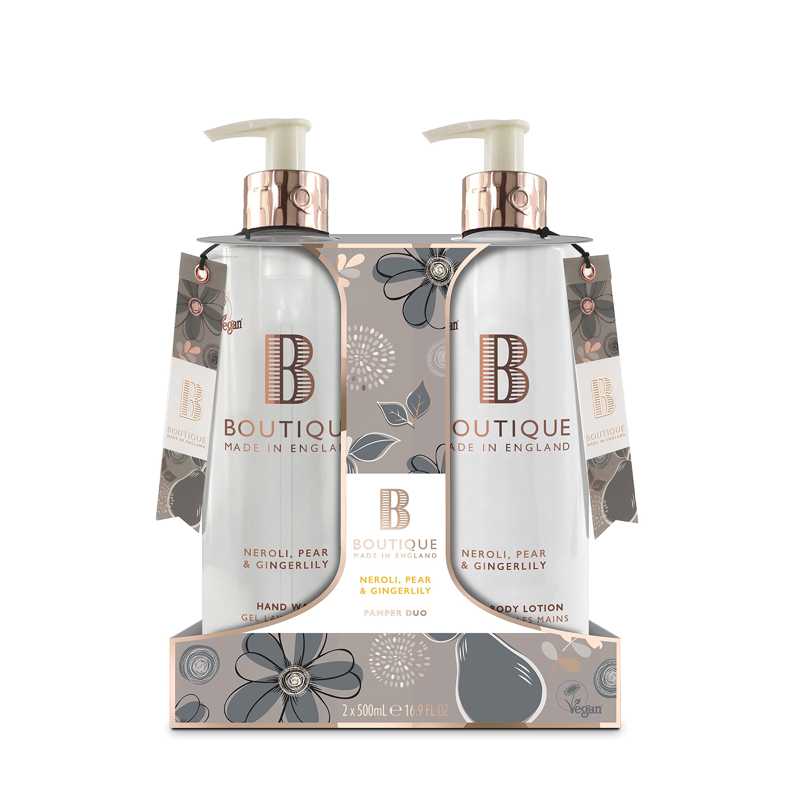 Boutique Neroli, Pear & Gingerlily Fragrance Hand Duo Set 1 x Hand Wash, 1 x Hand & Body Lotion 500ml - Balancing and Calming Essential Oils - Vegan - Made In England