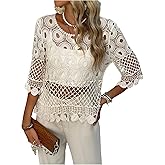 GORGLITTER Women's Crochet Knit Top Short Sleeve Lightweight Boho Hollow Out 3/4 Sleeve Crew Neck Sweater Top
