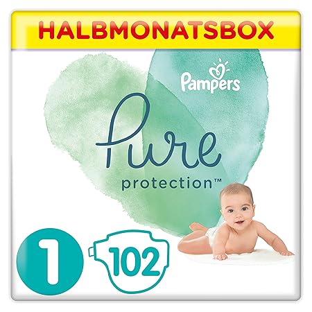 Pampers Pure Protection, Gr.1 Newborn 2-5 kg, Halbmonatsbox (1 x 102 Stück), mit Premium-Baumwolle