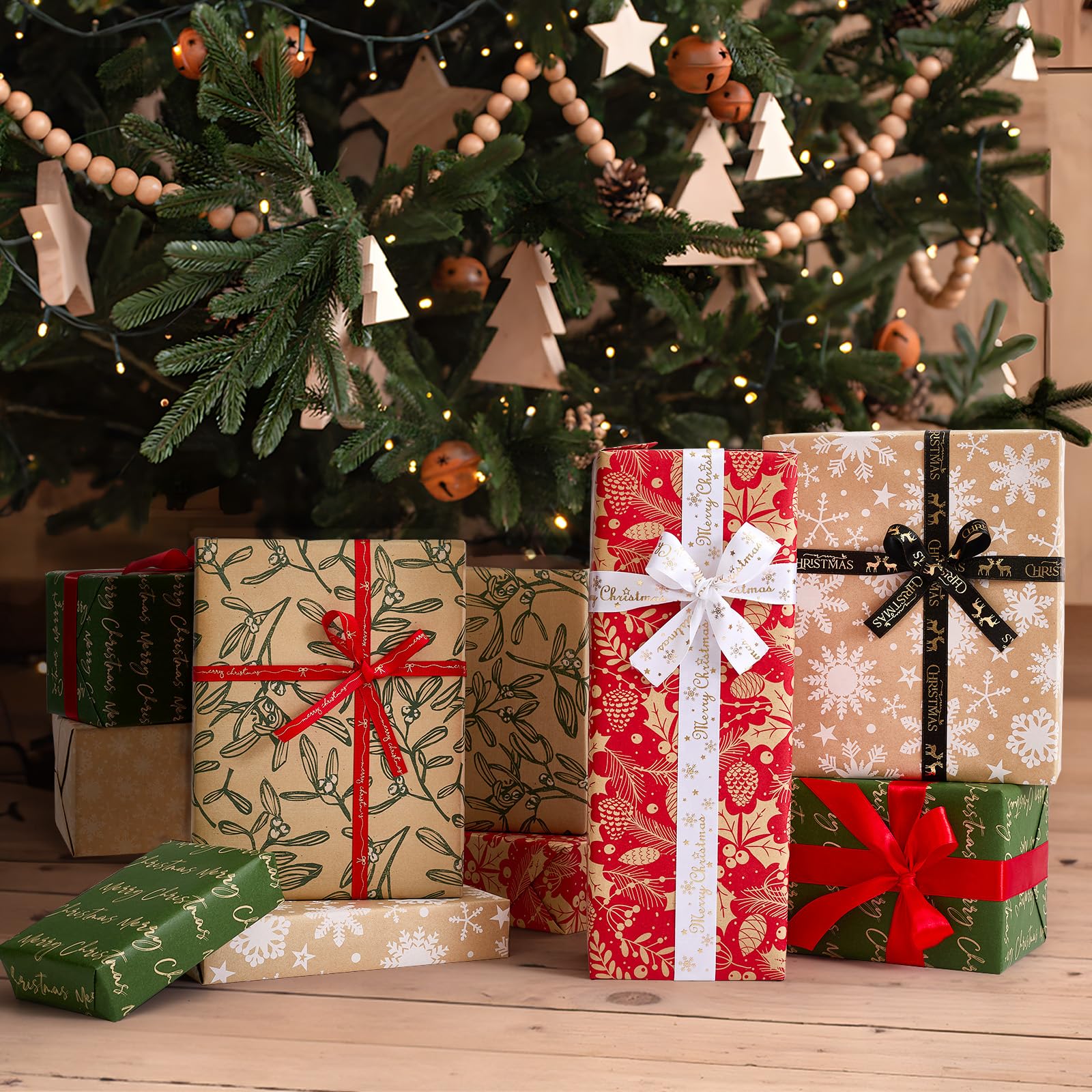 YANGTE Vintage Recyclable Christmas Wrapping Paper Rolls, Brown Kraft Wrapping Paper with Red and Green Pattern, Holiday Gift Wrapping Paper Christmas Rolls, 17x120 inch, 4 Rolls