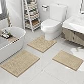 Hbsmat Bathroom Rug Set 3 Pieces Luxuriously Soft, Highly Absorbent Chenille Bath Rugs with Non-Slip PVC Backing and Machine Washable Toilet Rug for Bathroom, Bedroom, Kitchen, Hallway, Beige
