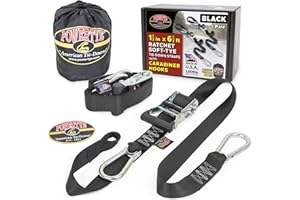 PowerTye - Made in USA - Heavy Duty Ratchet Tie Down Straps with Carabiner Hooks, Soft-Tye & Storage Bag, for Motorcycle, ATV, Trailer & Cargo, 1,000 lb WLL, 1.5 inch x 6.5ft Long, Black/Black (Pair)