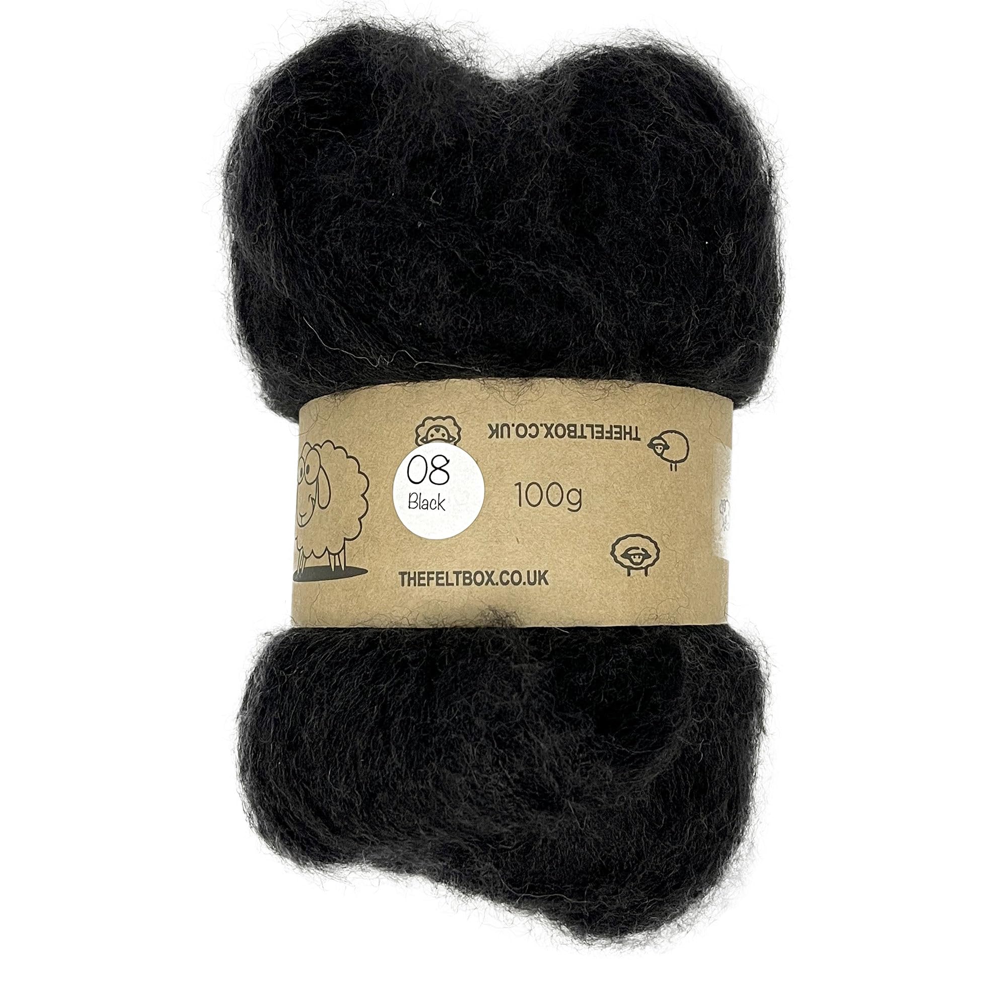 The Felt Box Needle Felting Wool 100g – Black Shade #08 – Carded Batt with Short Coarse Fibres (~27 Microns) – New Zealand Sheep Wool Core & Surface Layers Wet Felting Crafts