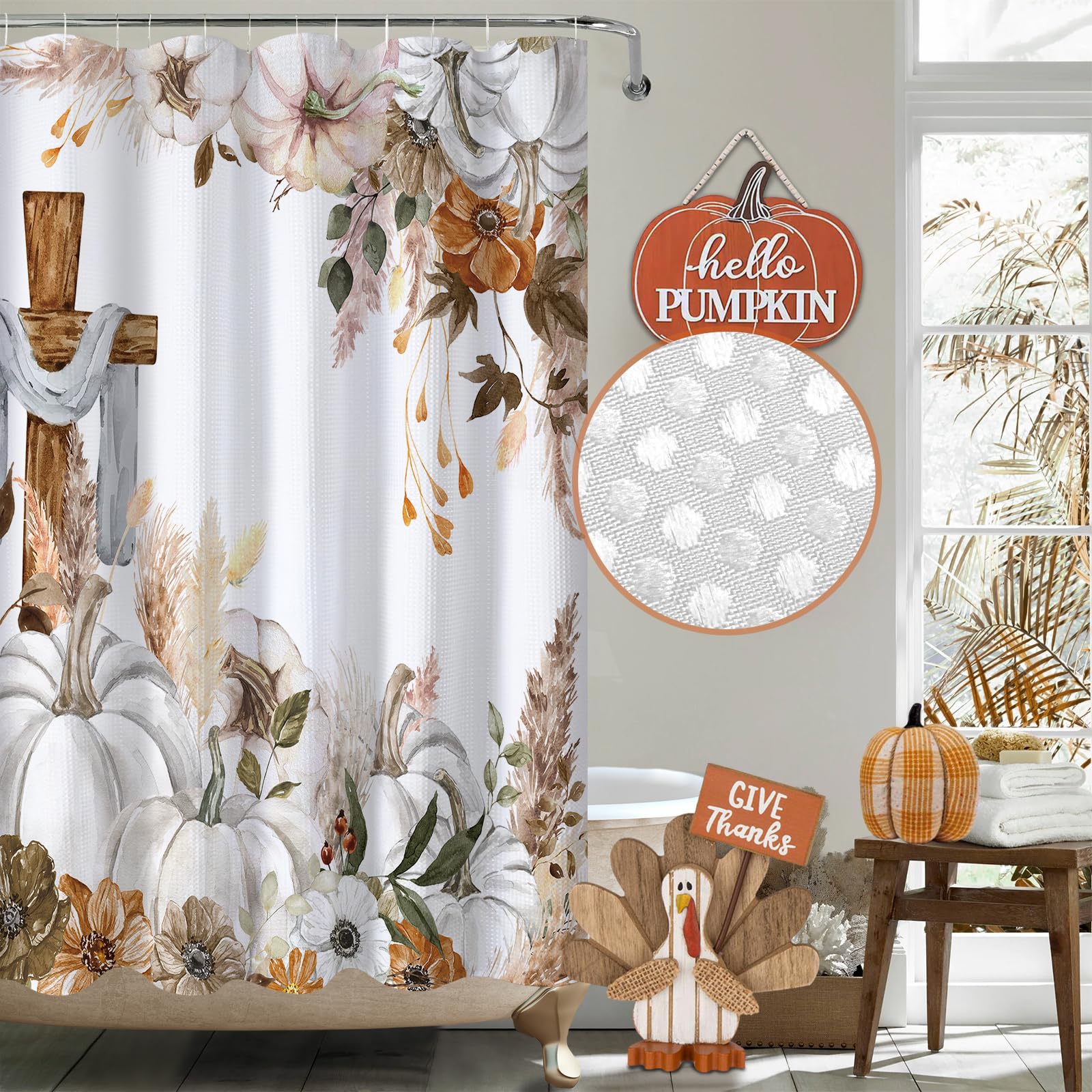 View 1 of APROPHIC Fall Boho Fabric Shower Curtain, Flower Cross Pumpkin Cloth Bathroom Shower Curtain, Waffle Weave Textured Hotel Luxury Bath Curtain Set with 12 Hooks, 72x72