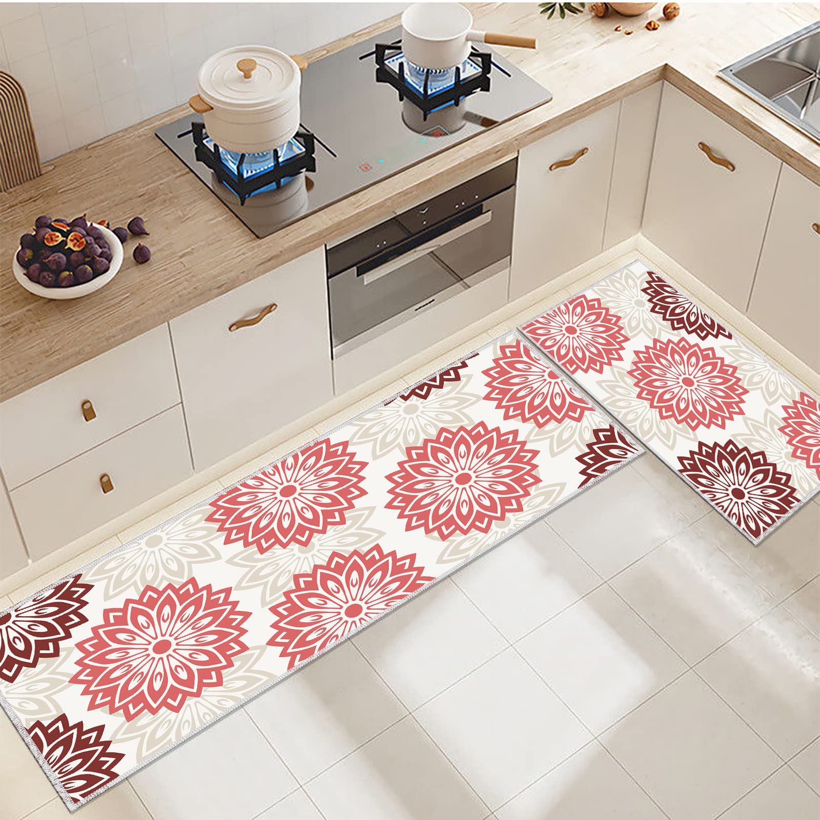 Offizon 2 Pcs Kitchen Rugs, Red Floral Floor Mats for Home, Washable Carpet Runner for Kitchen Décor (20”x32”/50x80 cm, 20”x48”/50x122 cm)