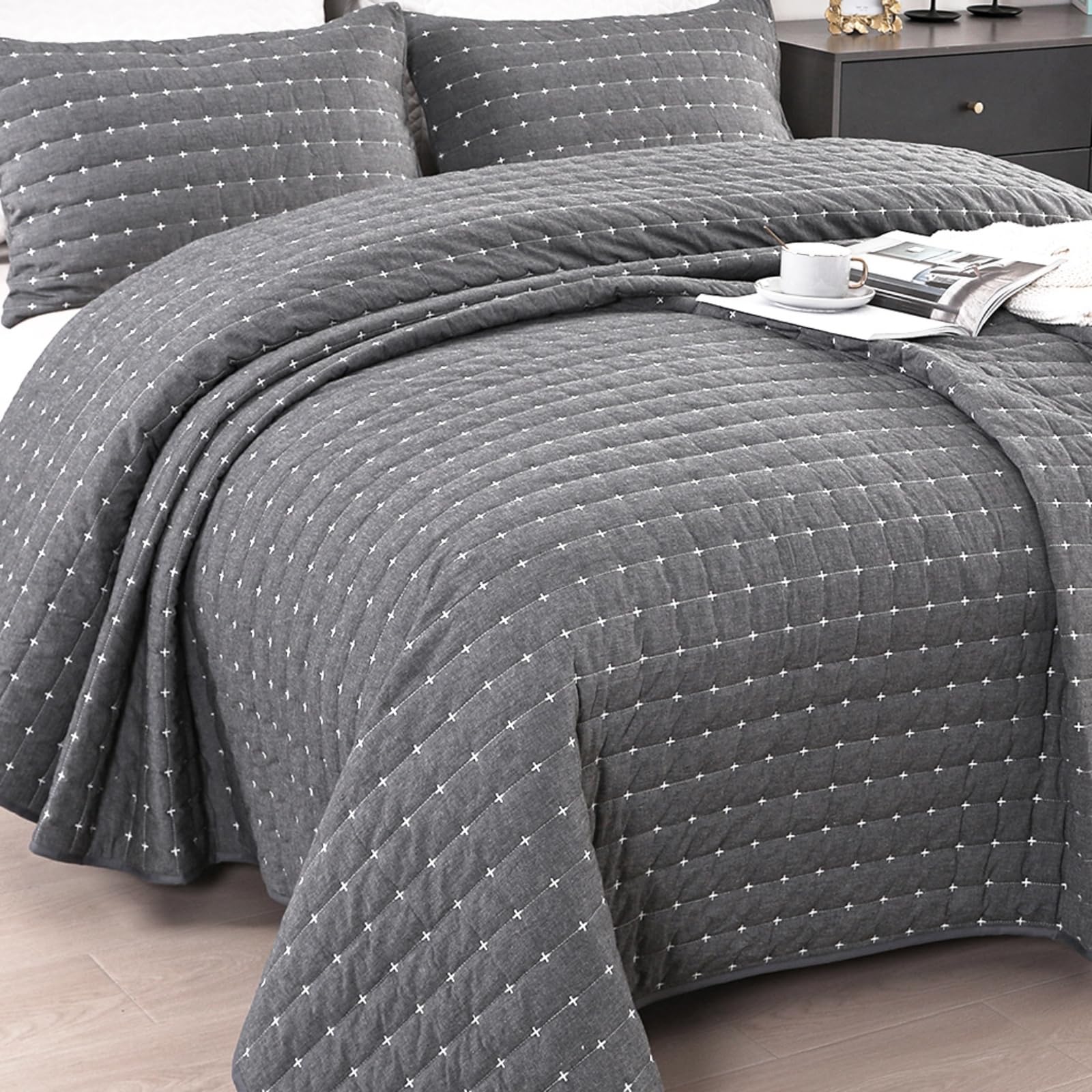 Photo 1 of ENJOHOS 100% Cotton Linen Quilt Queen, Cotton Bedspreads Queen Size, Dark Grey Cotton Quilt Set Coverlet, Reversible Lightweight Queen Quilt Bedding Set with Shams for All Season (3 Pieces, 90"x96")