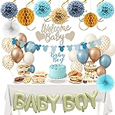 Blue Baby Shower Decorations Boy - Dusty Welcome Boy Baby Shower Decorations Kit with Balloons Welcome Baby Banner Honeycomb Balls White Tissue Pom Poms Hanging Swirls for Gender Reveal decor