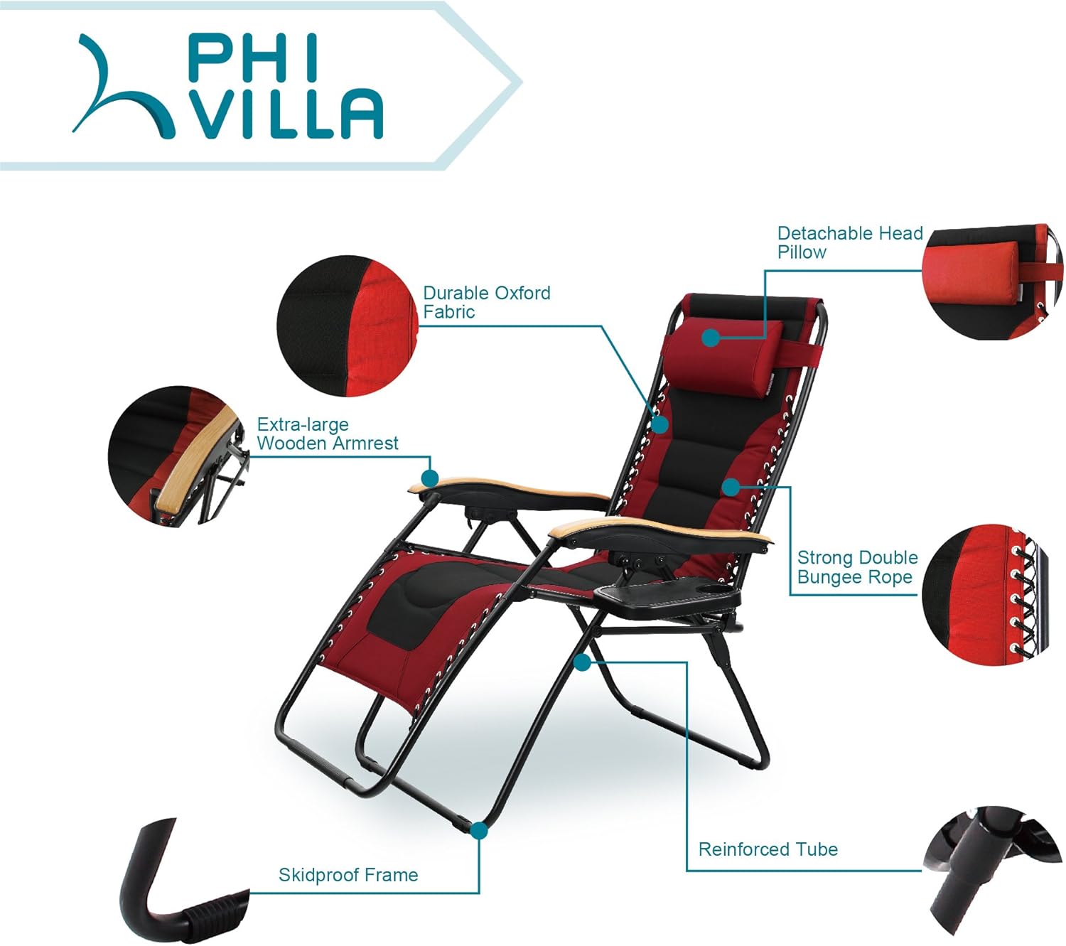 PHI VILLA Oversize XL Padded Zero Gravity Lounge Chair Wider Armrest Adjustable Recliner with Cup Holder, Support 350 LBS, Red : Garden & Outdoor