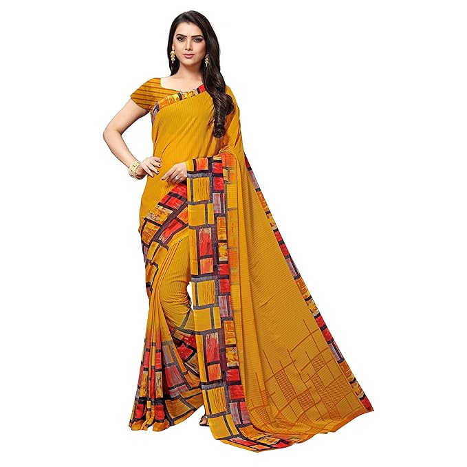 georgette with blouse piece Saree (PC1092_ Yellow_ One Size)