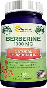Pure Berberine 1000mg Supplement - 180 Veggie Capsules, Natural Berberine Hydrochloride HCL Plus, Max Strength 1000 mg (2X 500mg), Potent Vegan Extract for Healthy Blood Sugar Levels &amp; Blood Glucose