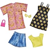Barbie Fashions 2-Pack Clothing Set, 2 Outfits Doll Include Shirt, Shorts &amp; Kimono, Sleeveless Sunflower Dress &amp; 2 Accessories