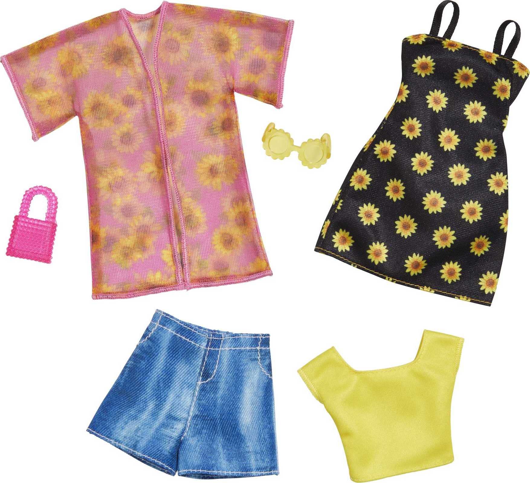 Barbie Fashions - Juego de 2 prendas, 2 trajes para muñeca que incluyen camisa, pantalones cortos y kimono, vestido de girasol sin mangas y 2 accesorios