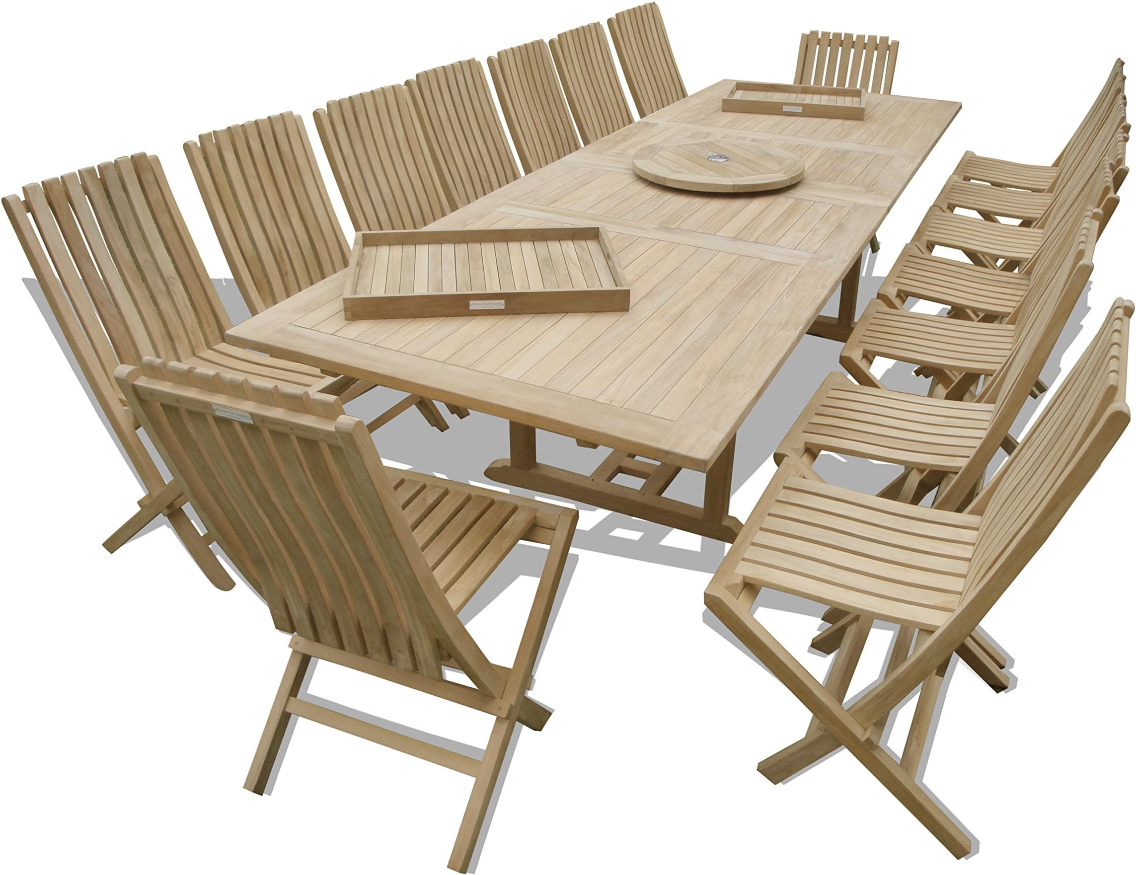 Windsor's Premium Grade A Teak 138"x39" Rectangular Double Extension Table w/16 Java Folding Chairs w/Lumbar Support Back, 5 Yr Wrty, World's Best Outdoor Furniture! Teak Lasts A Lifetime!