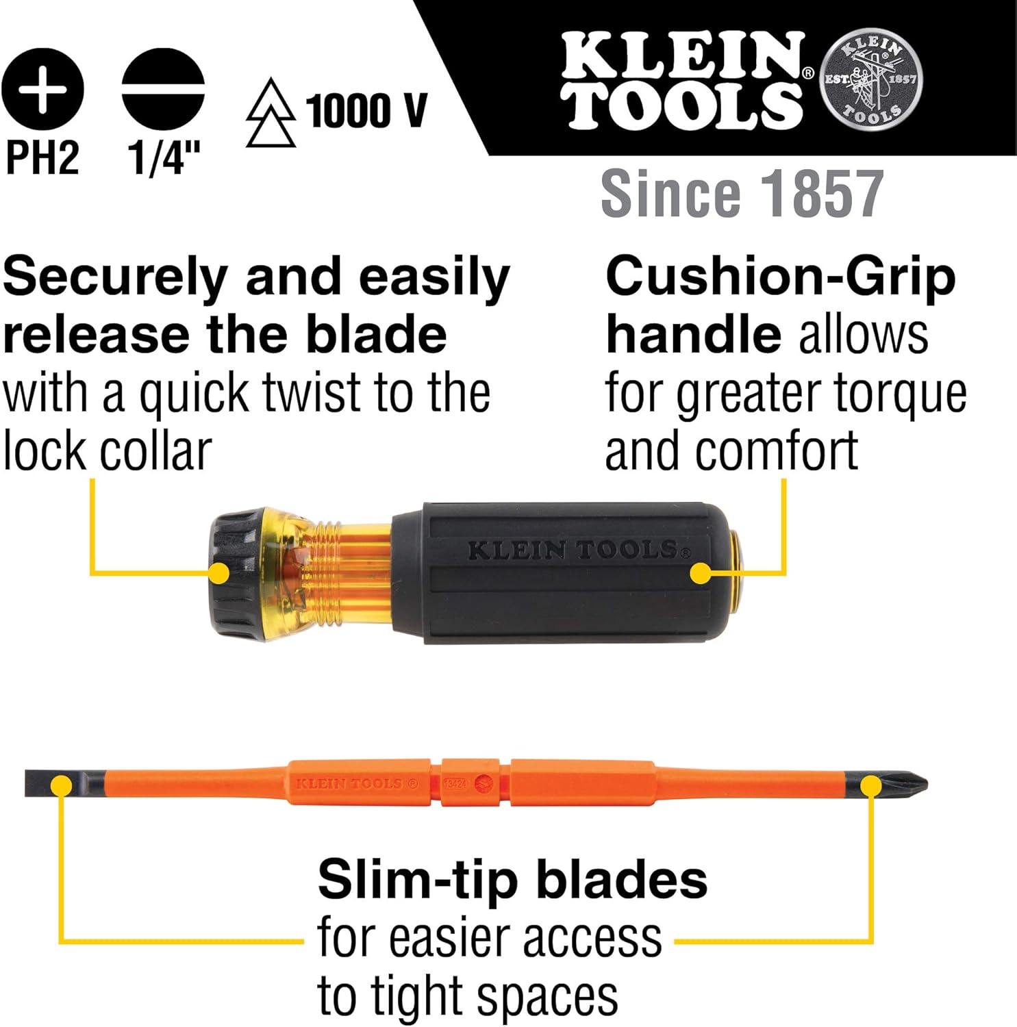 Klein Tools 32293 Insulated Screwdriver, 2-in-1 Screwdriver Set with Flip Blade, #2 Phillips and1/4-Inch Slotted Tips, Double-Ended Blades - - 