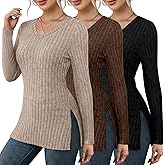 Velvelhall 3 Pack Women's Sweaters V Neck Slim Fit Long Sleeve Sweater Lightweight Knitted Ribbed Tunic Tops with Side Split