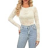 Diosun Womens Lace Floral Tops Long Sleeve Mesh Round Neck Sexy See Through Shirts Floral Blouses Top