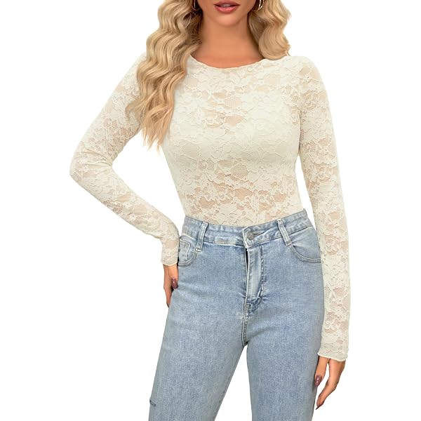 Women's Lace Mesh Tops Long Sleeve Dots Sheer Blouse Sexy Shirt