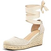 mysoft Women's Espadrille Platform Wedge Sandals Closed Toe Ankle Strap Lace up Summer Shoes