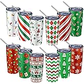 Lemosae 12 Pcs Christmas Tumblers Gifts 20oz Christmas Travel Tumbler Cup Holiday Stainless Steel Insulated Tumbler Coffee Mug with Lid Straw for Xmas Birthday Gift Party Supplies (Stripe Style)