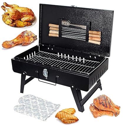 MAZORIA Briefcase Foldable Portable Picnic Barbeque, Griller, tandoor with 8 Skewer, 1 Iron