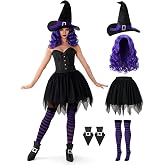 Spooktacular Creations 5Pcs Halloween Gothic Witch Costume Accessories, Witch Costume Set with Hat, Wig, Tutu Skirt, Socks &amp; Shoe Covers, Mystical Sorceress Dress Up for Women Adults Cosplay Party