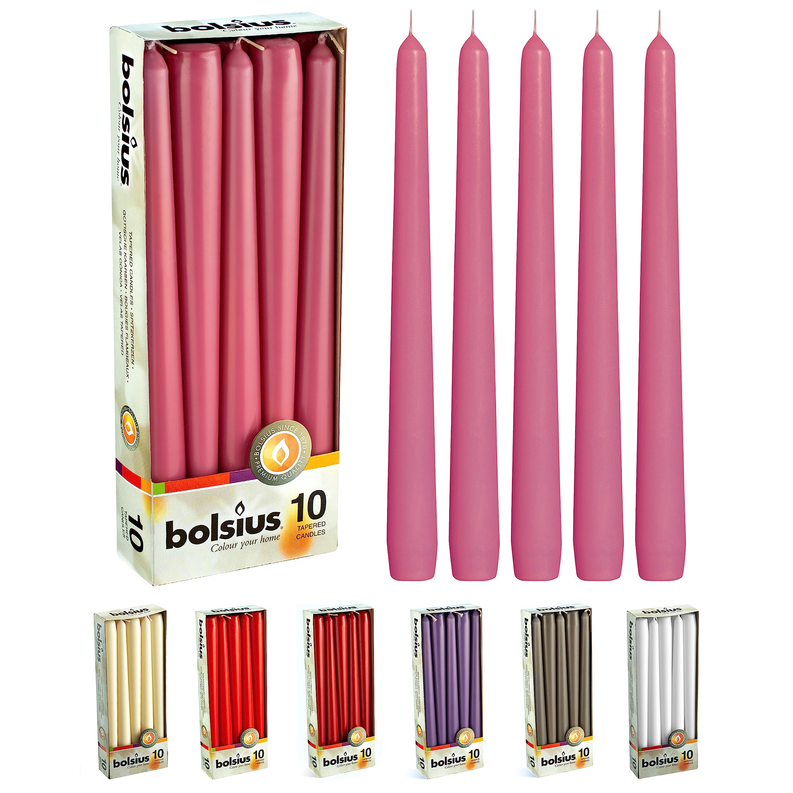 BOLSIUS 10 Inch Pink Taper Candles - 8 Hours Burn Time - Premium European Quality - 10 Pack Unscented Smokeless & Dripless Household Taper Candlesticks - Perfect for Church, Party, and Everyday Use