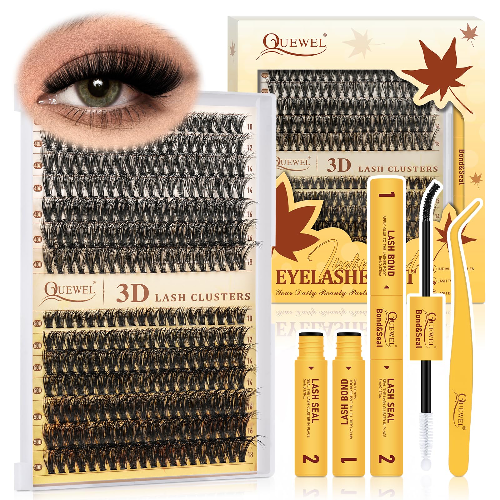 QUEWEL Fluffy Cluster-Lashes Kit 40D+50D Individual-Eyelashes Kit 280Pcs Mix 10-18mm Thick Eyelash-Clusters Bond and Seal Lash Kit and Lash Tweezers for Beginner(3D-40D+50D Kit) — image 1