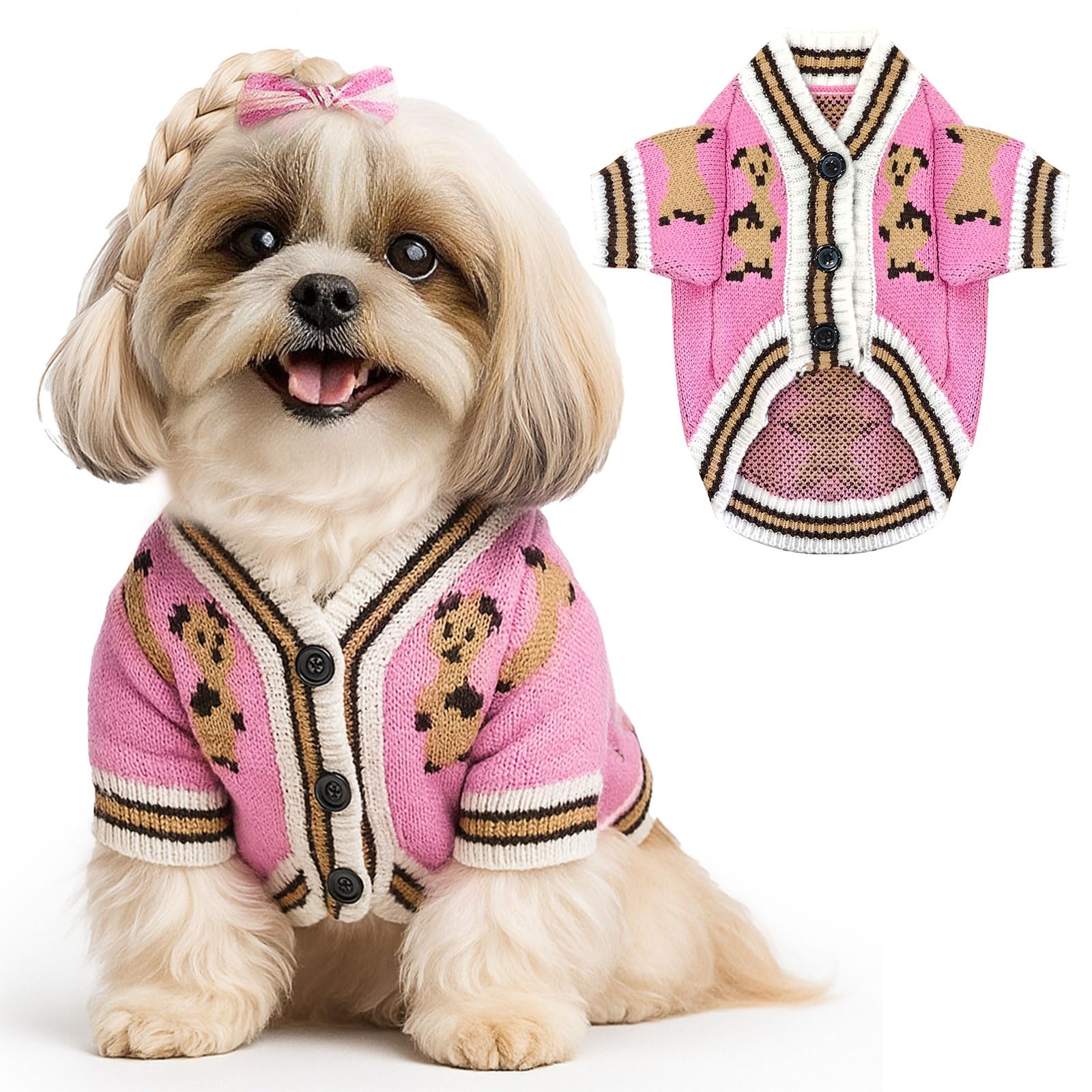Photo 1 of ABRRLO Small Dog Sweaters Cute Bear Dog Cardigans Clothes for Small Medium Dogs Boy Girl Puppy Cat Knitting Cardigan Outfits Dogs Winter Coats Warm Pet Doggy Clothes Soft Knitwear (Pink, Small)