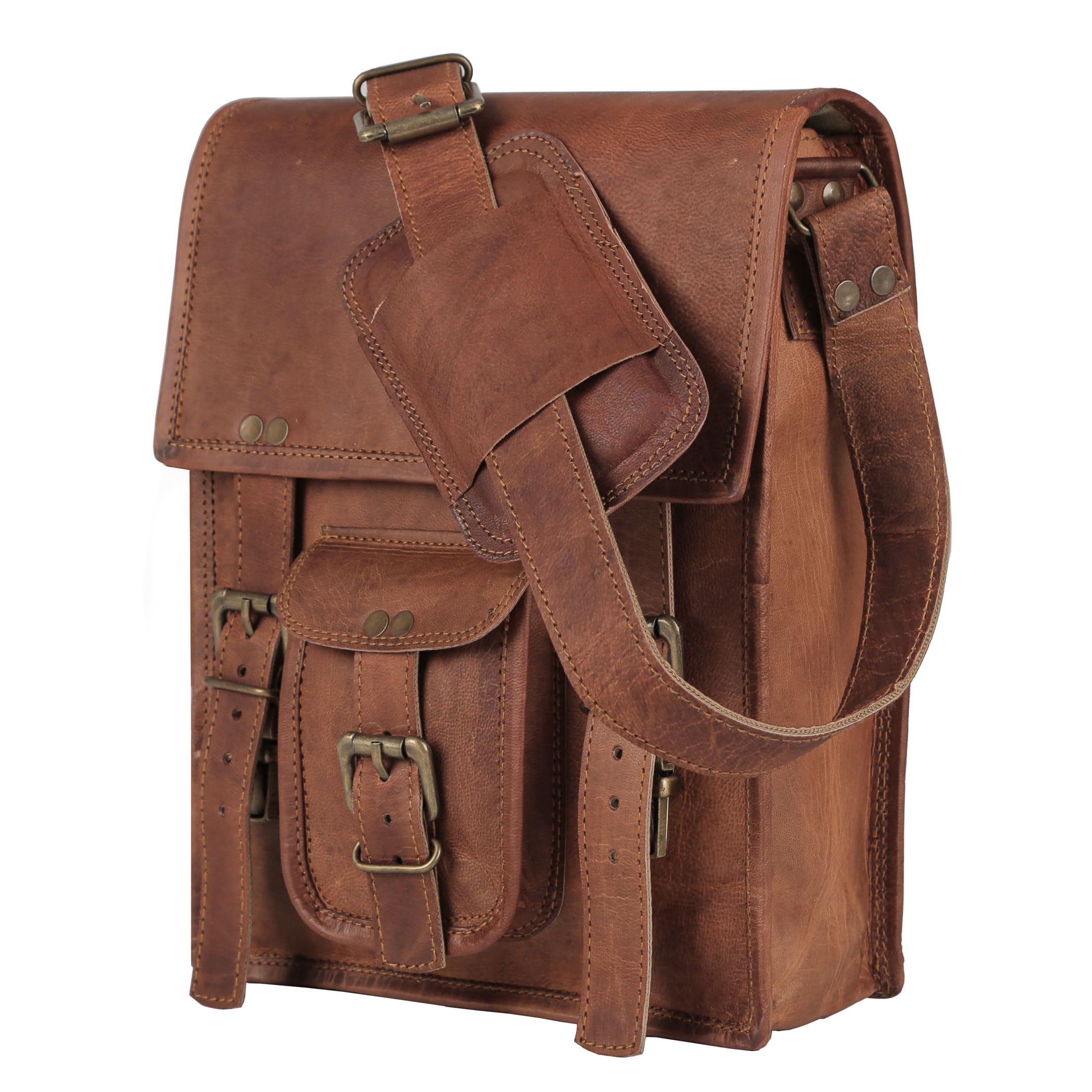 Leather crossbody bag messenger satchel tablet bag 11 inches for men and women (Brown)