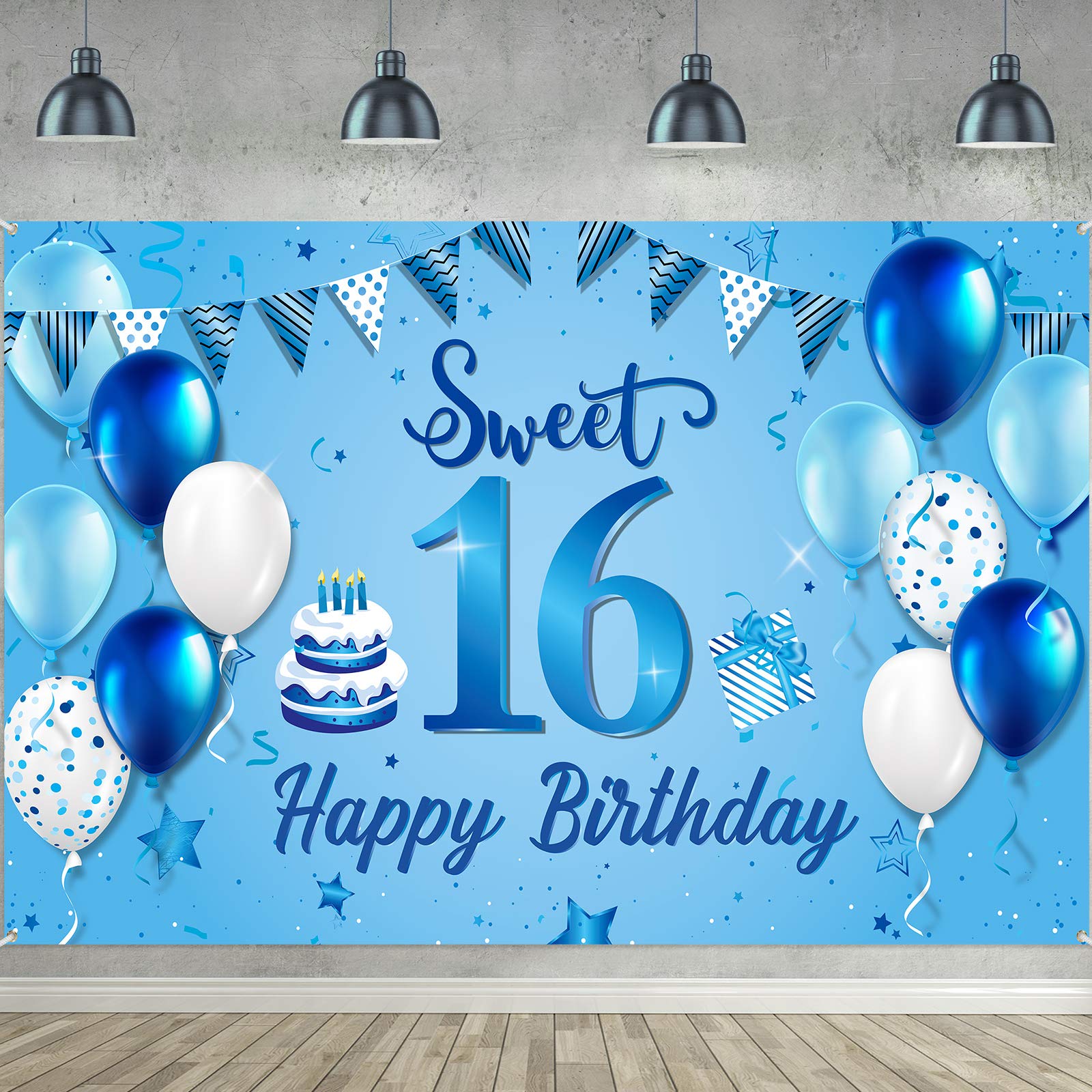 Sweet 16th Birthday Backdrop Banner - Extra Large Fabric Blue Sign Poster Photography Background With Balloon for Anniversary Party Decor Supplies, 72.8 x 43.3 Inch