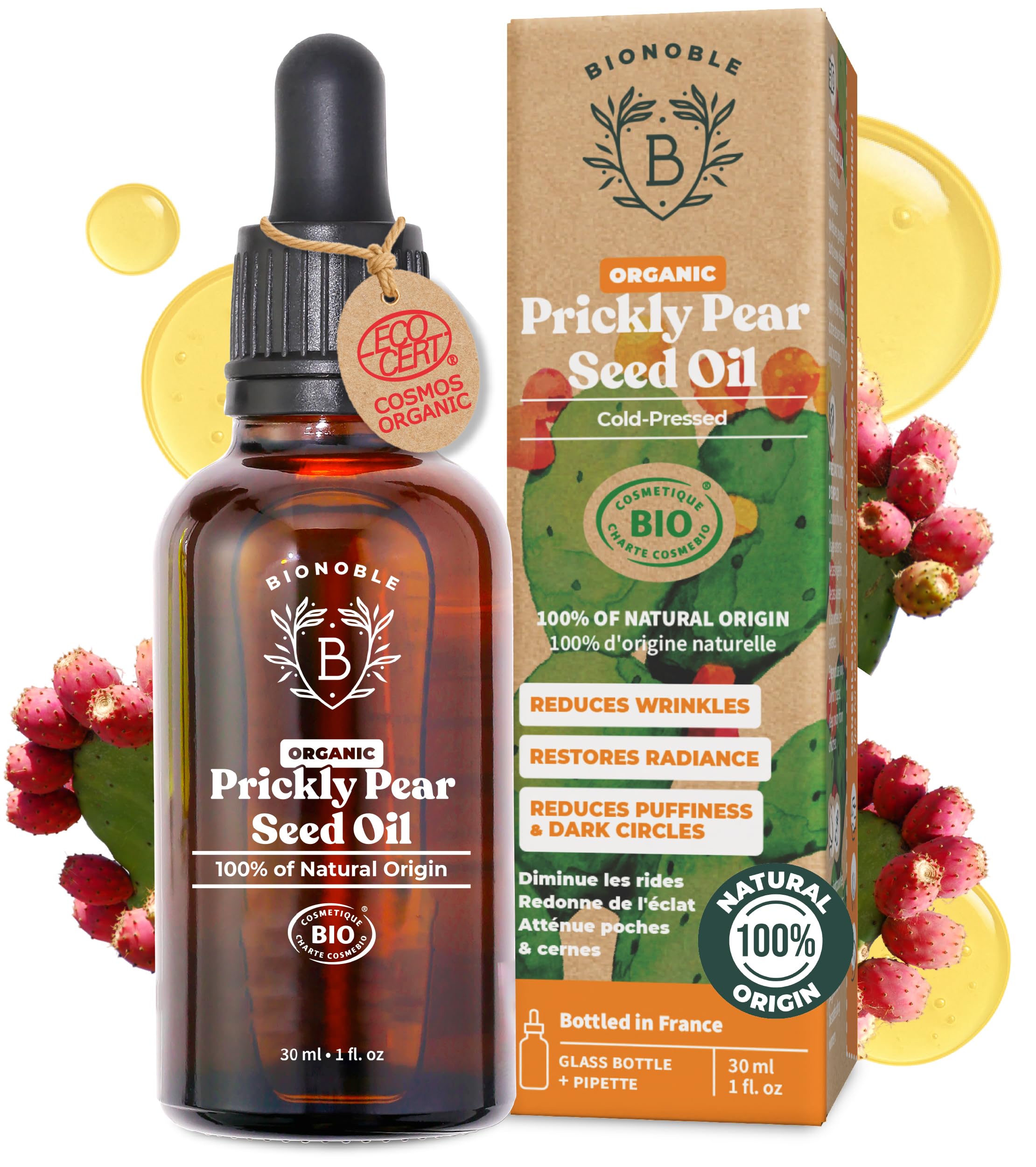 BIONOBLE Organic Prickly Pear Seed Oil, Cold-Pressed, 100% Pure, Hexane-Free - Moroccan Prickly Pear Oil for Face - Anti-Ageing, Reduces Wrinkles and Dark Circles - Glass Bottle with Pipette - 30ml