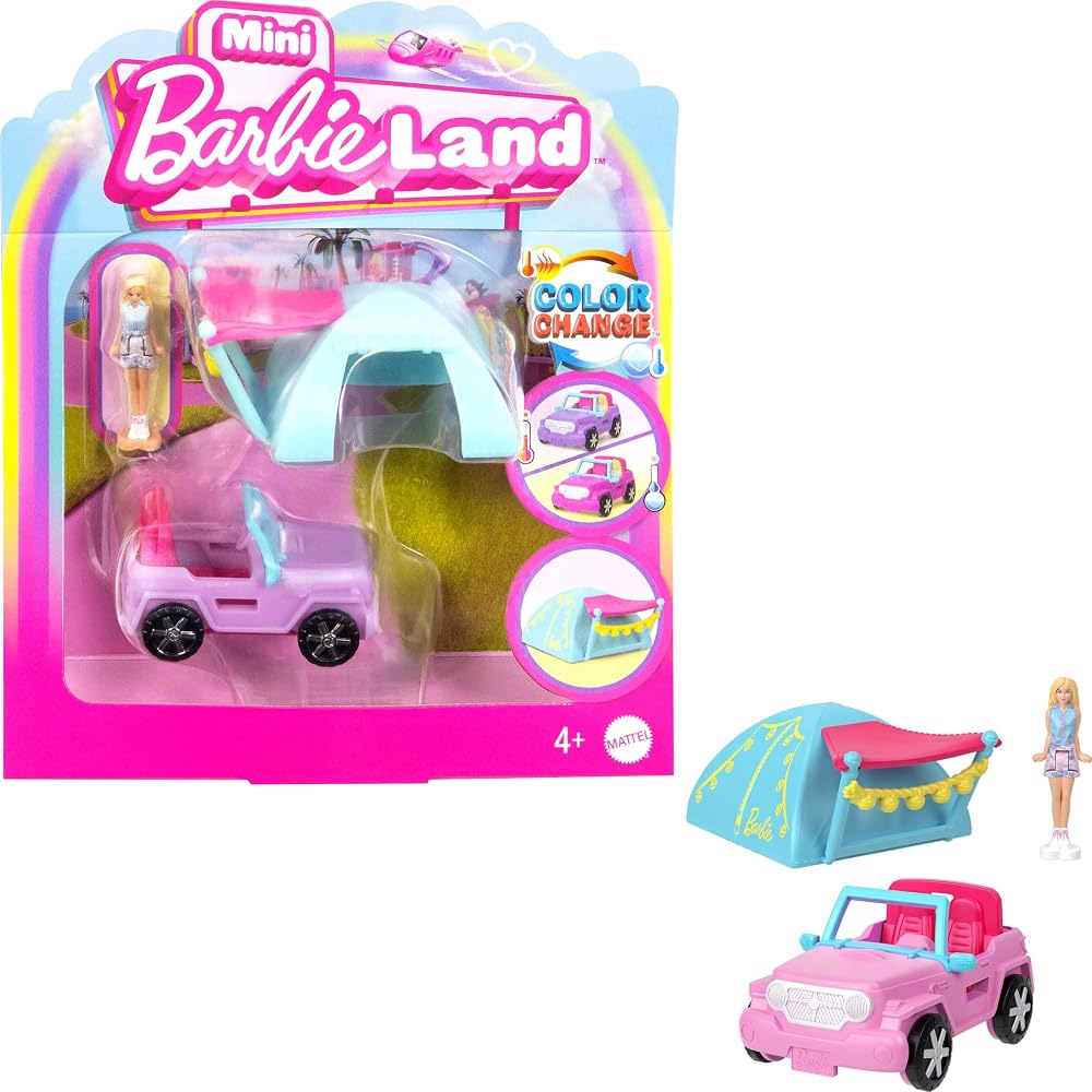 Barbie Mini BarbieLand Doll & Vehicle Set Color-Change SUV Tent HYF43