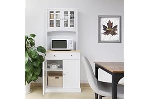 MUPATER 72'' Kitchen Pantry Storage Cabinet Buffet Hutch with Microwave Stand and Drawer, Freestanding Kitchen Pantry with Framed Glass Doors and Shelves, White