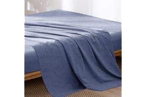 MooMee Flat Top Sheet Only 100% Washed Cotton Linen Like Textured Breathable Durable Soft Comfy (Blue, Queen)