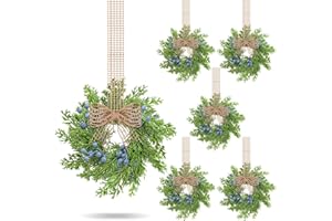 VioraWhite 6 Pcs Small Vintage Christmas Cabinet Wreath Artificial Blue Berry Mini Kitchen Wreaths with Retro Burlap Ribbon for Farmhouse Rustic Home Front Door Window Wedding Chair Wall