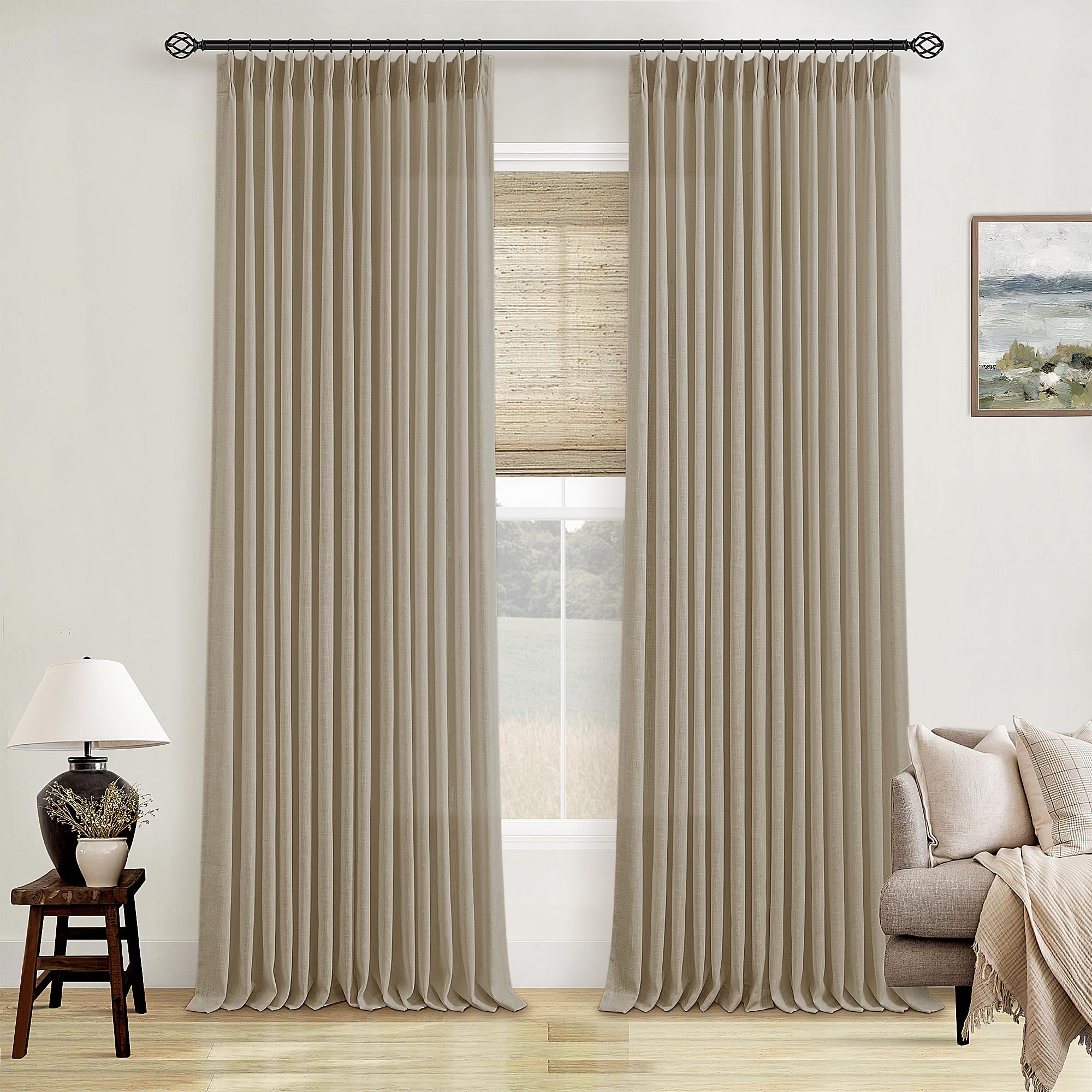 Photo 1 of Neutral Pinch Pleated 96 Inch Curtains 2 Panels Set for Windows Flax Linen Textured Drapes Pinch Pleat Back Tab Privacy Light Filtering Greige Curtain Drape with Hooks Rings for Living Room Bedroom