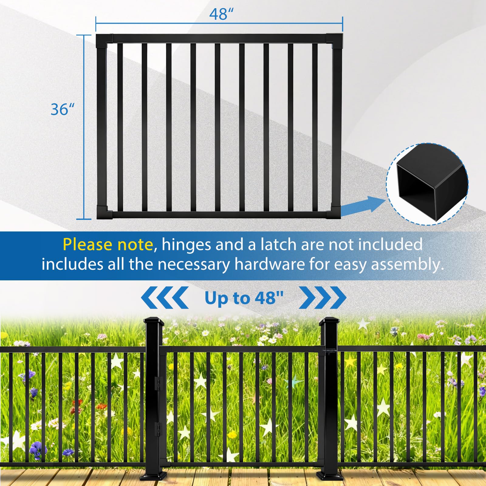 Condition photo showing New/Like New for deck gate outdoor, 36''h x 48''w black heavy duty steel gate, anti-rust fence door with customizable